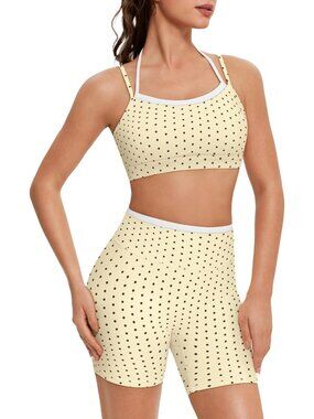 Women Baby Yellow Doubel Layer Open Back Activewear Sports Bra & Gym Shorts Set
